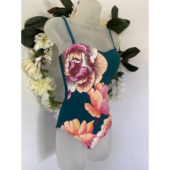 Women's 80s Retro Floral Swimsuit Strapless Convertible Straps Padded Strappy - Picture 10 of 11